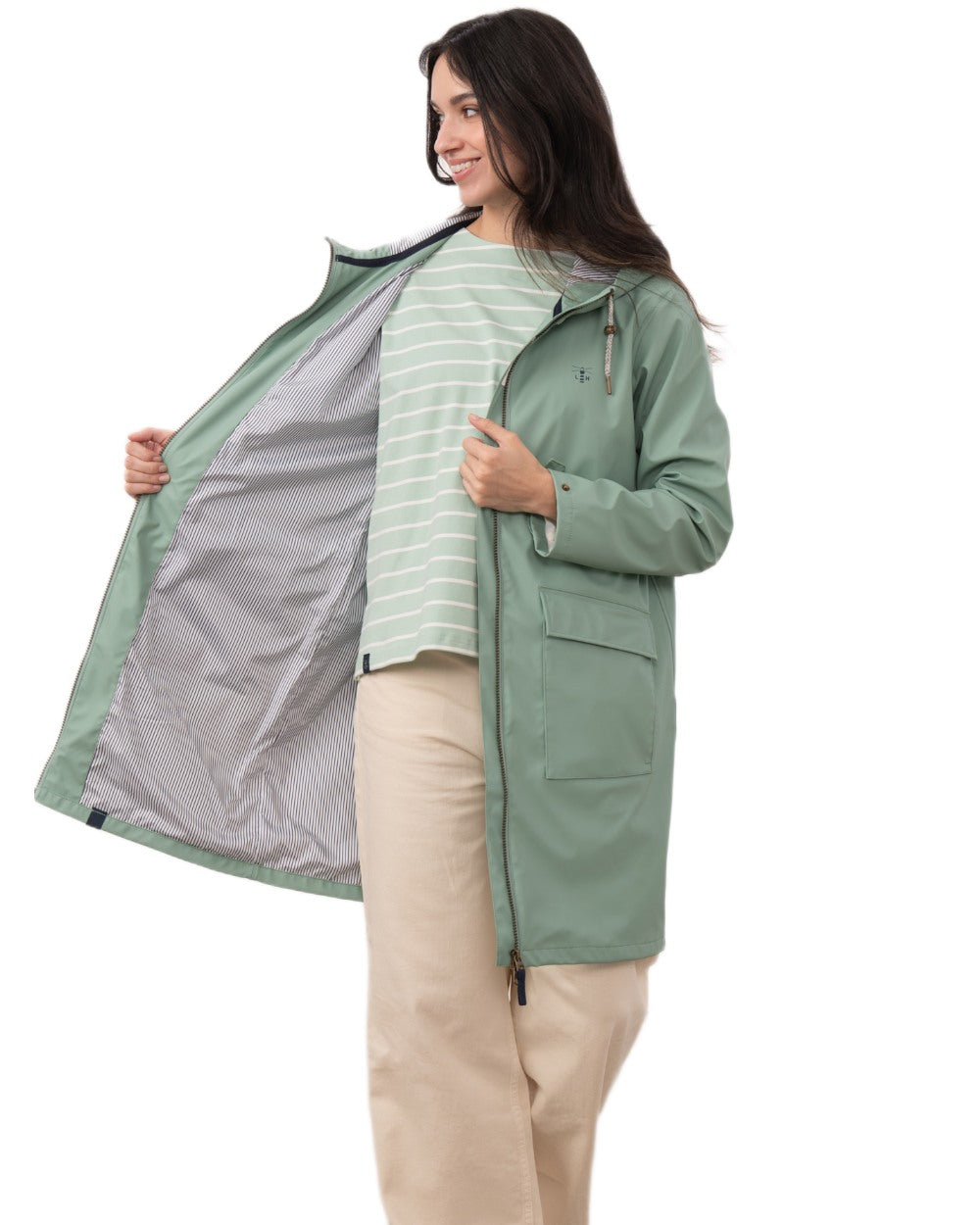 Basil coloured Lighthouse Ladies Lucy Long Coat on white background 