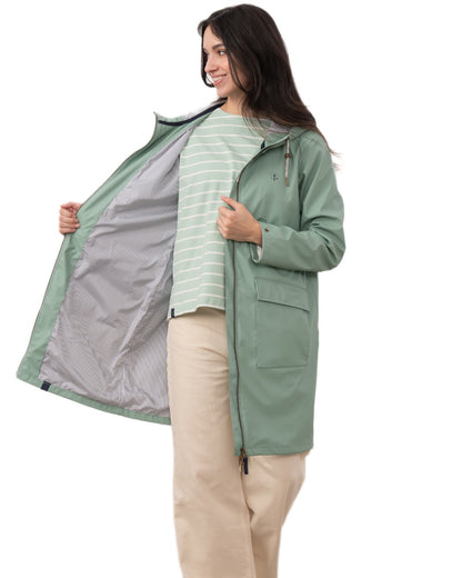 Basil coloured Lighthouse Ladies Lucy Long Coat on white background 