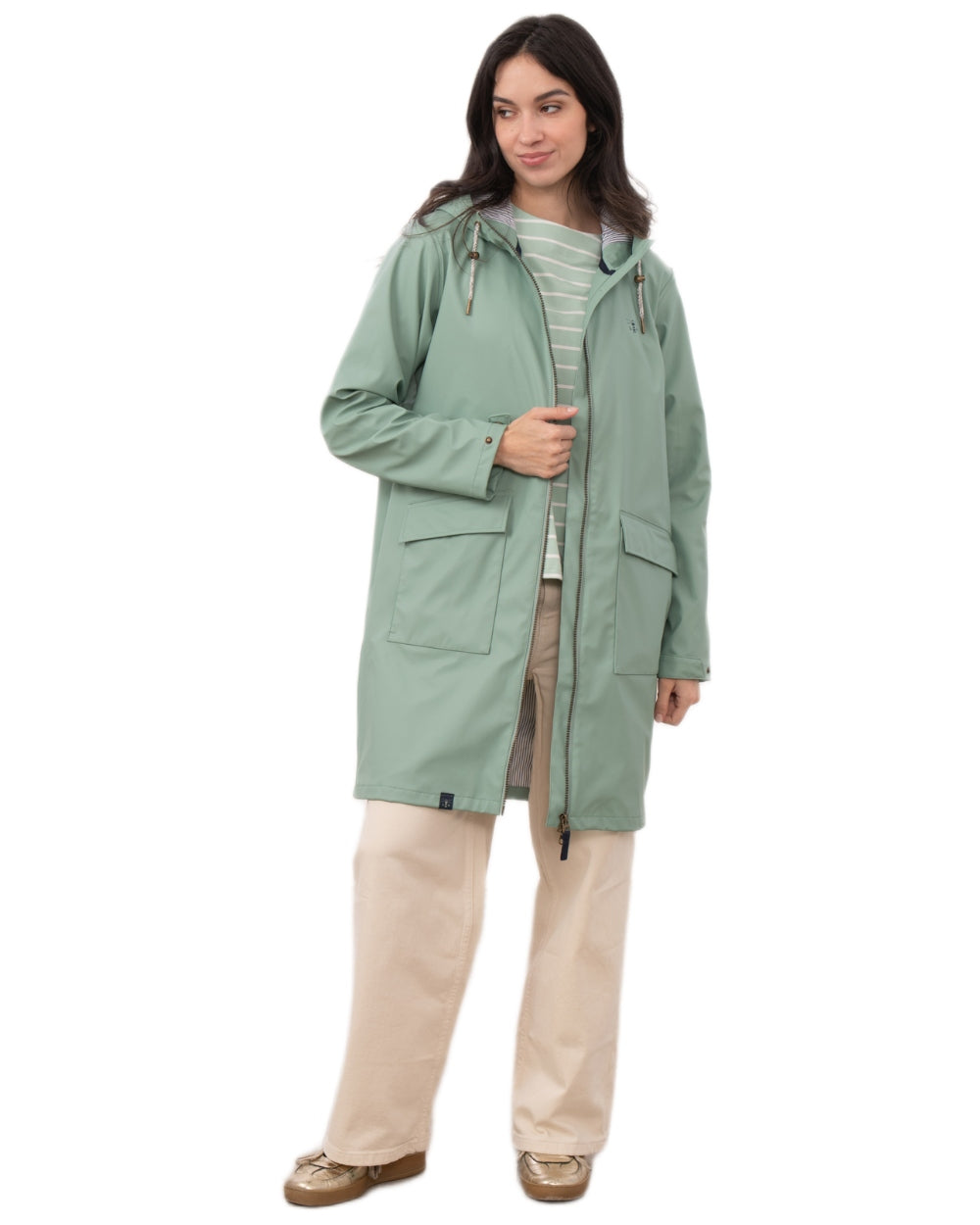 Basil coloured Lighthouse Ladies Lucy Long Coat on white background 