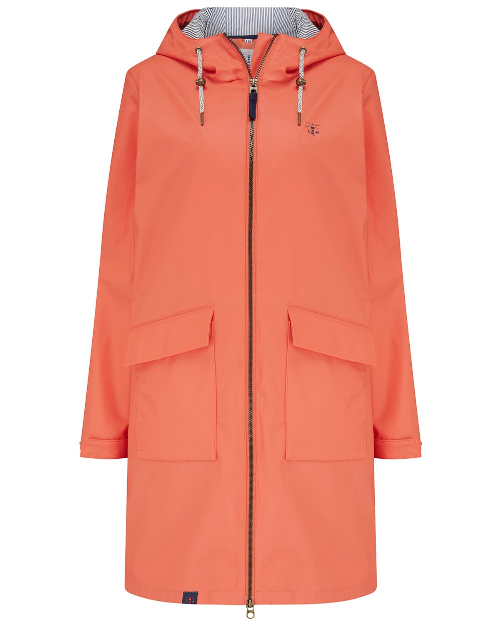 Coral coloured Lighthouse Ladies Lucy Long Coat on white background 