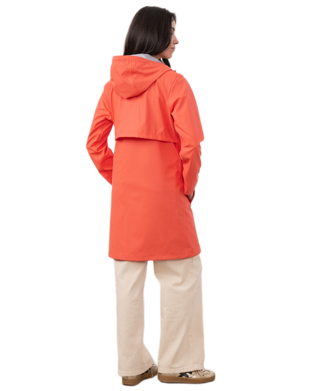 Coral coloured Lighthouse Ladies Lucy Long Coat on white background 