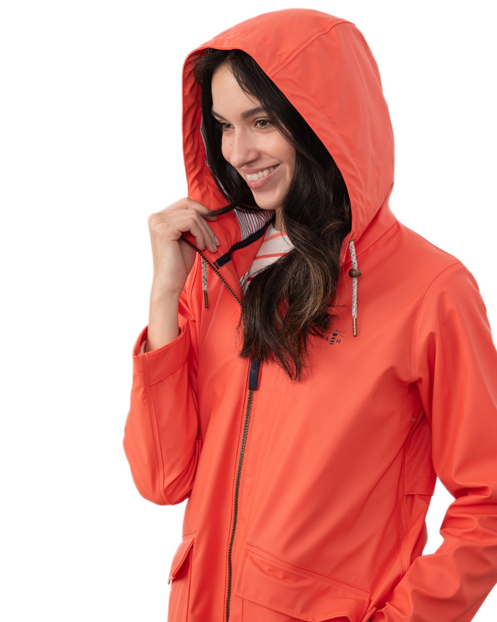 Coral coloured Lighthouse Ladies Lucy Long Coat on white background 