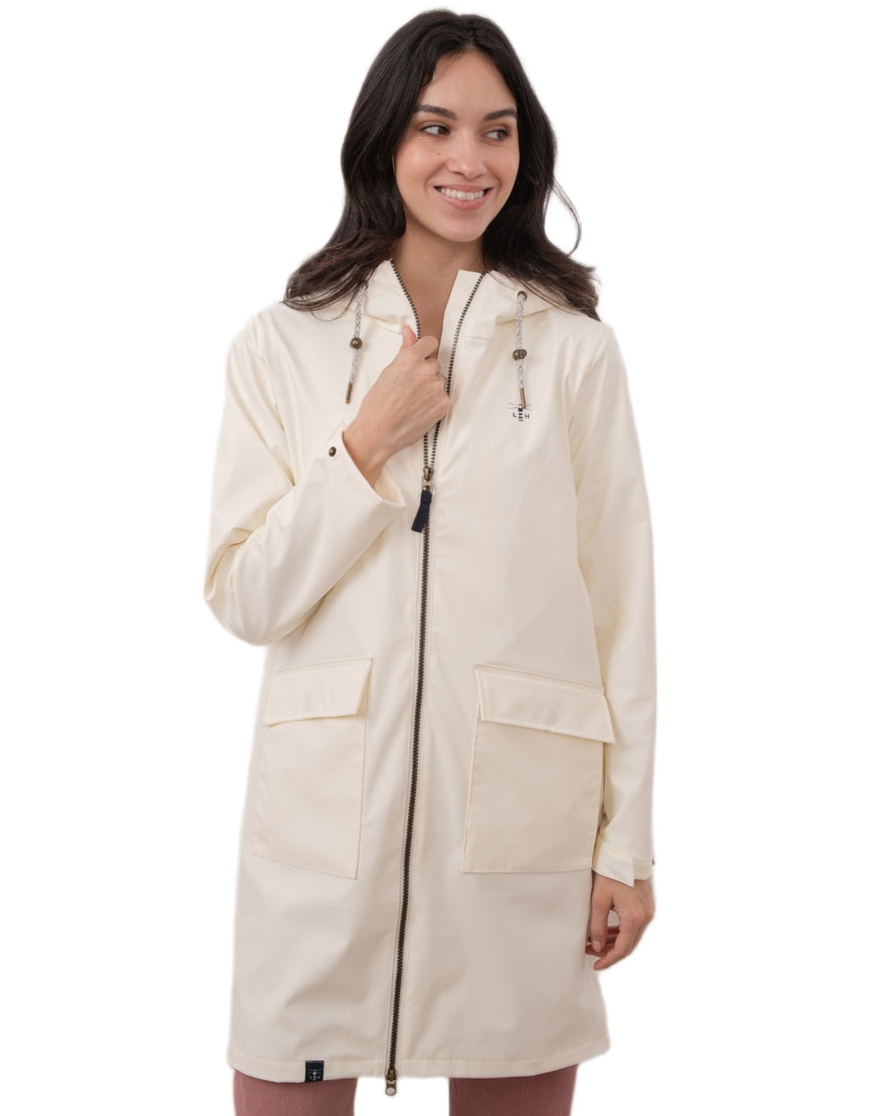 Coconut coloured Lighthouse Ladies Lucy Long Coat on white background 