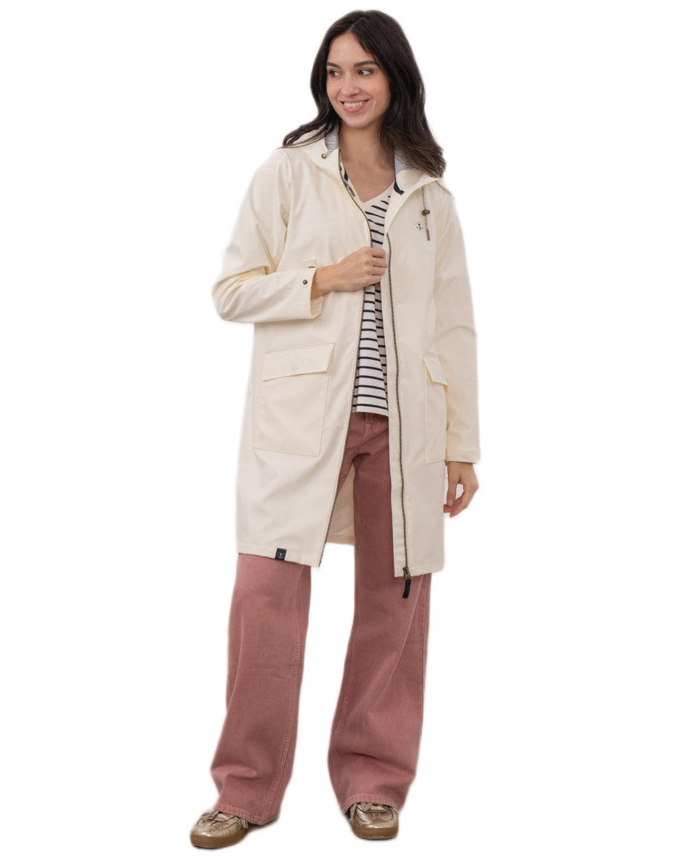 Coconut coloured Lighthouse Ladies Lucy Long Coat on white background 