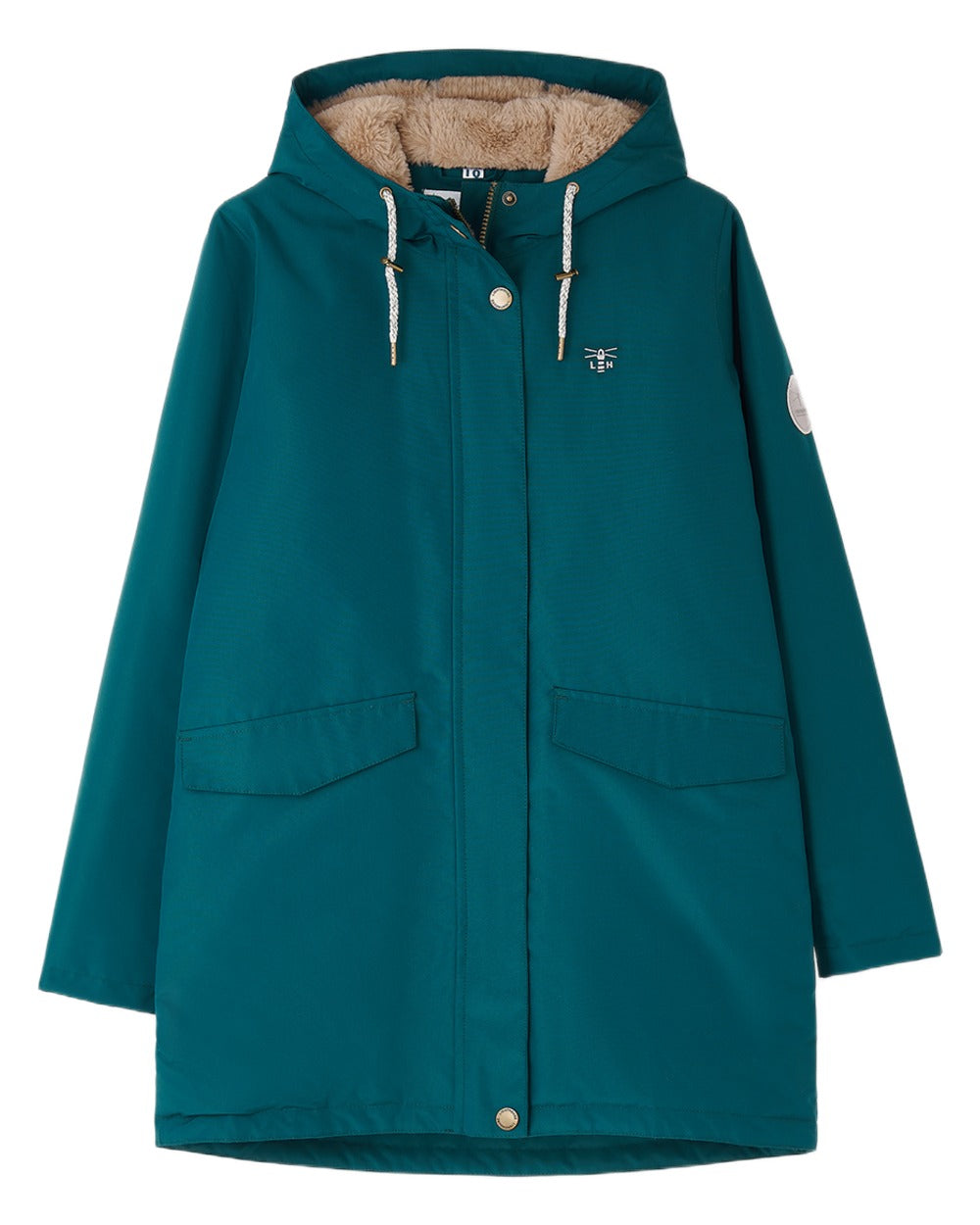 Pine coloured Lighthouse Ladies Scarlet Coat on white background 