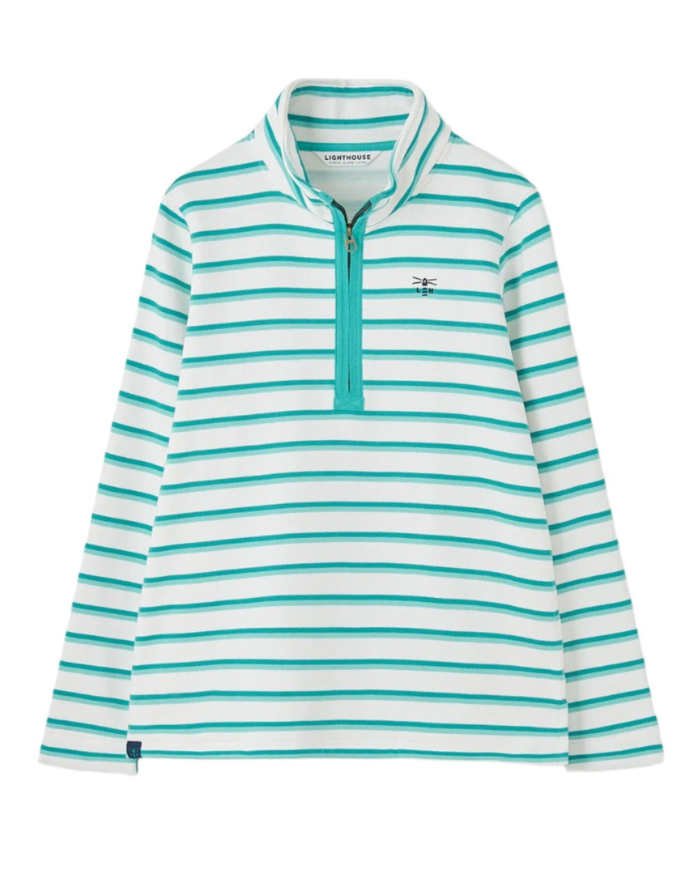 Soft Teal Stripe coloured Lighthouse Ladies Shore Sweatshirt on white background 