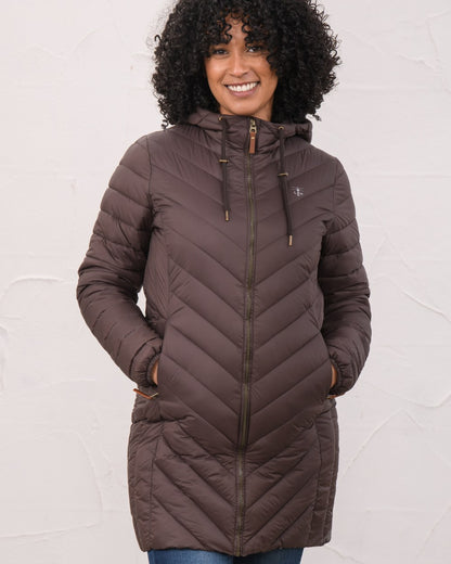 Cocoa Coloured Lighthouse Laurel Ladies Coat on wall background 