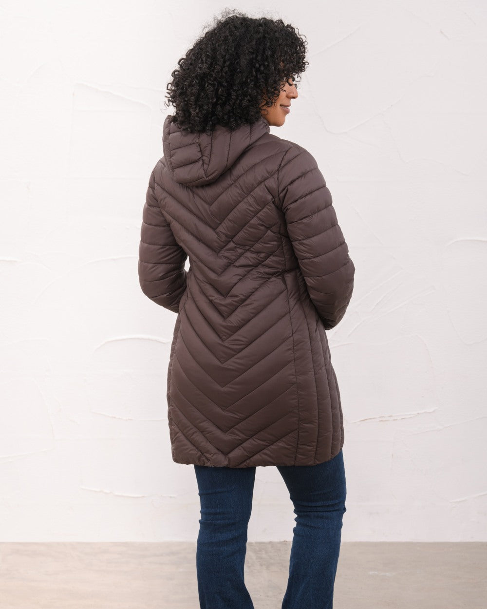 Cocoa Coloured Lighthouse Laurel Ladies Coat on wall background 