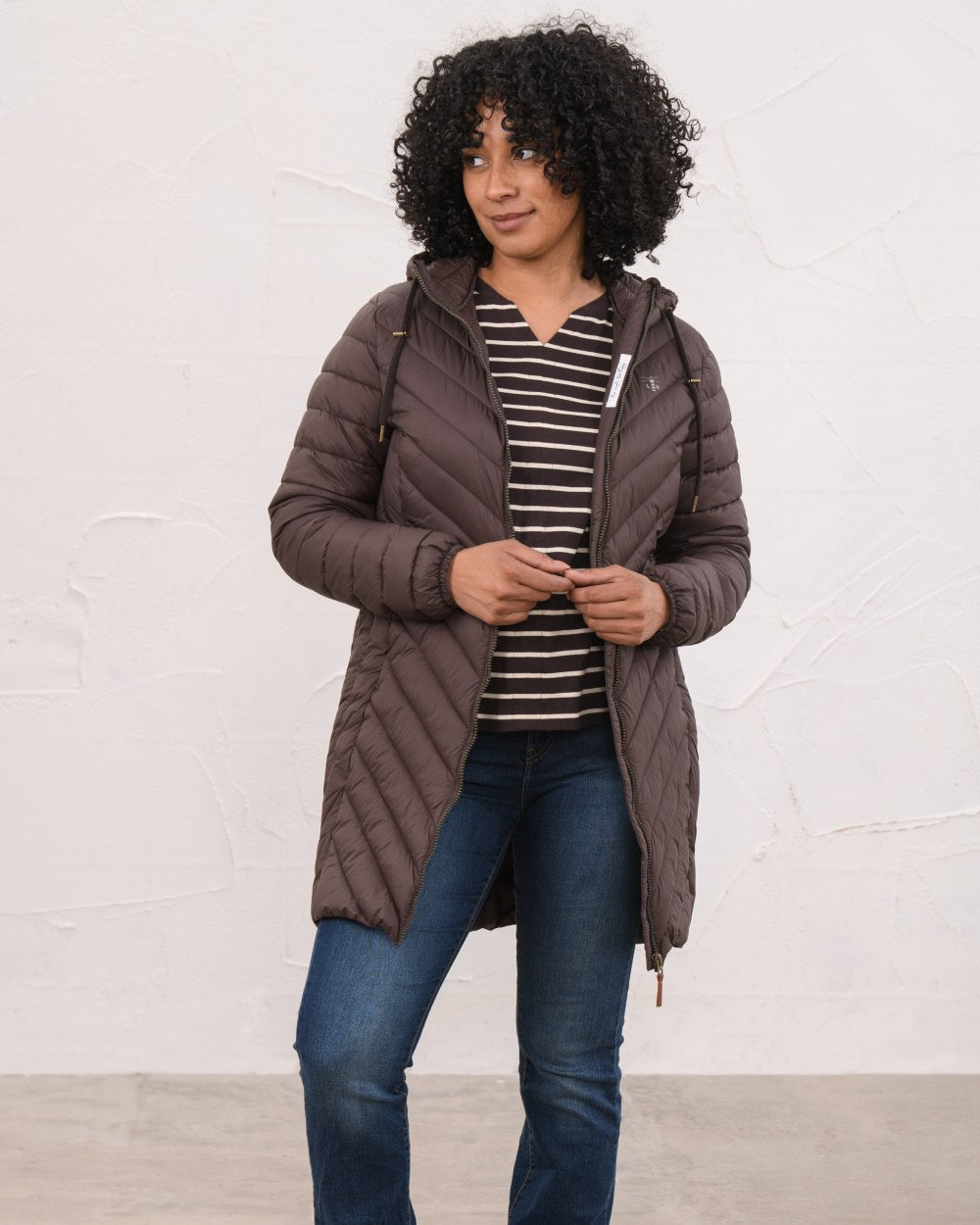 Cocoa Coloured Lighthouse Laurel Ladies Coat on wall background 