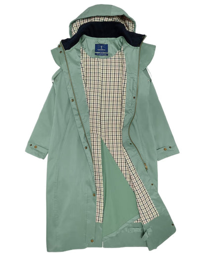 Sage coloured Lighthouse Outback Full Length Ladies Waterproof Raincoat on white background 