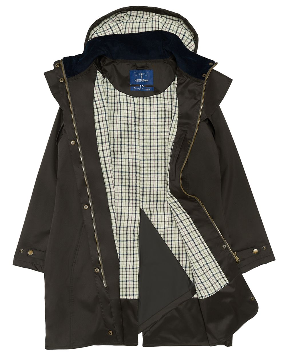 Chocolate coloured Lighthouse Outrider 3/4 Length Ladies Waterproof Raincoat on white background 