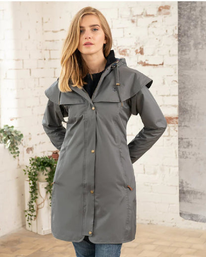 Urban Grey coloured Lighthouse Outrider 3-4 Length Ladies Waterproof Raincoat - Clearance Colours on wall background 