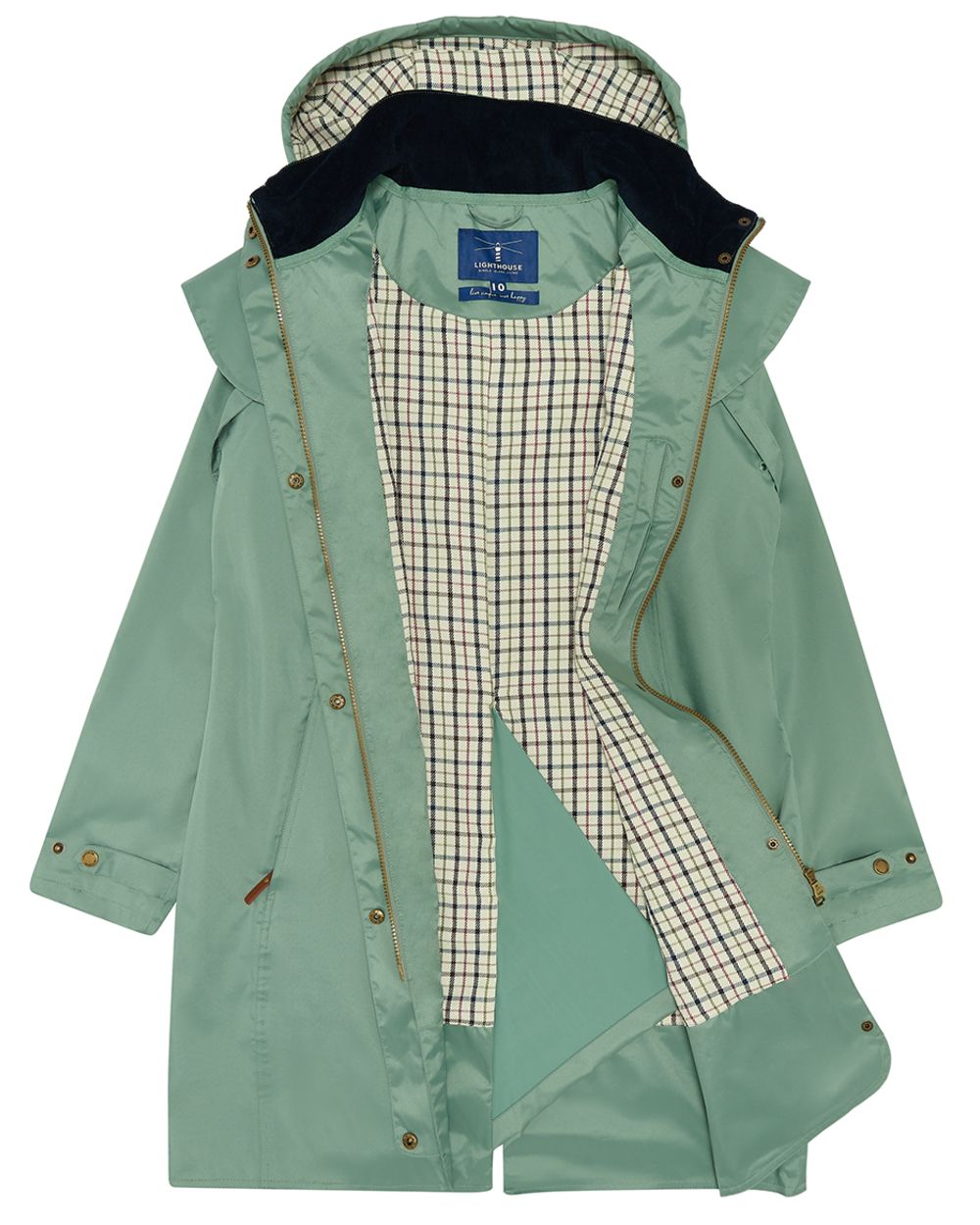 Sage coloured Lighthouse Outrider 3/4 Length Ladies Waterproof Raincoat on white background 