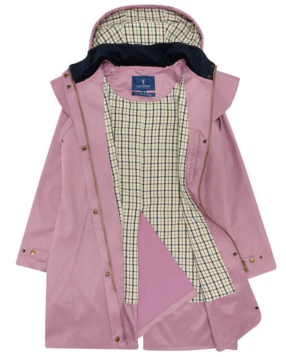 Wild Rose coloured Lighthouse Outrider 3/4 Length Ladies Waterproof Raincoat on white background 