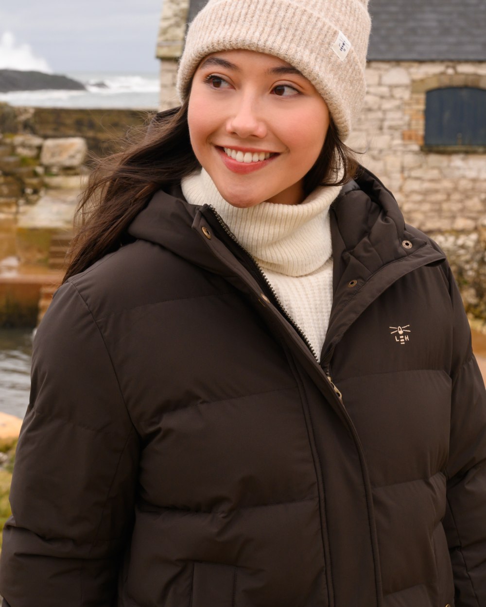 Cocoa coloured Lighthouse Savannah Coat on outdoor background 