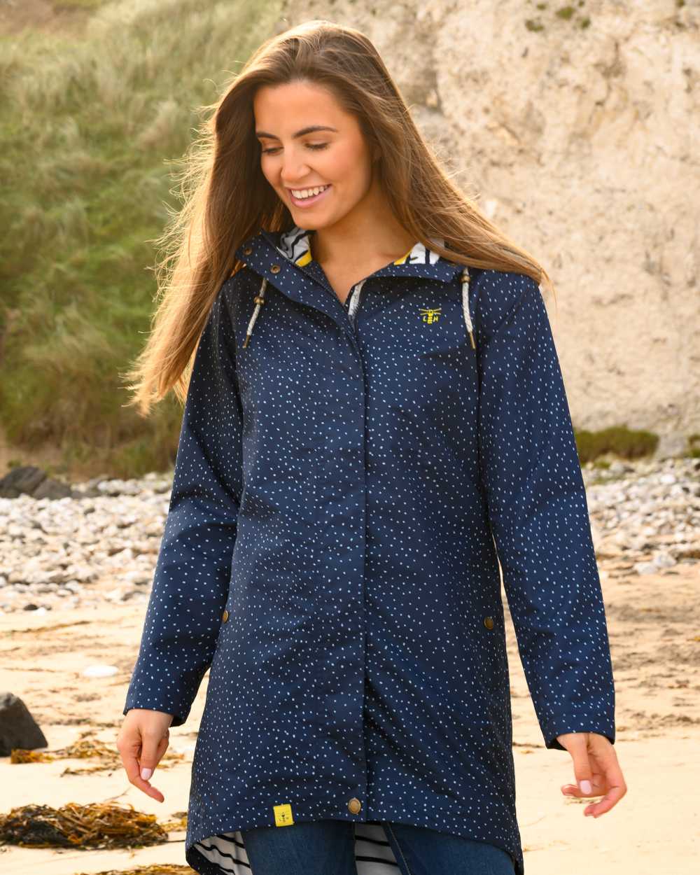 Lighthouse Beachcomber Womens Long Waterproof Coat in Navy Dot 