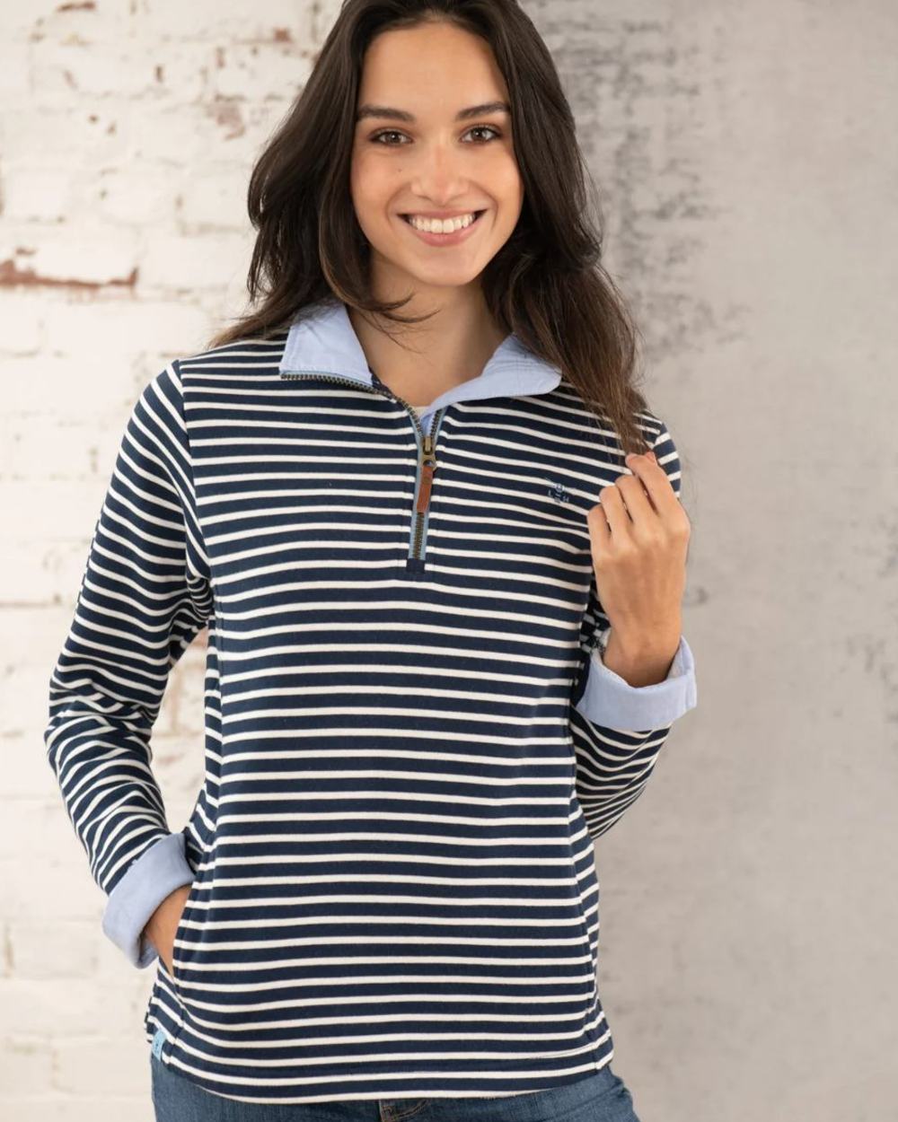 Midnight Stripe coloured Lighthouse Shore Jersey Top on wall background 