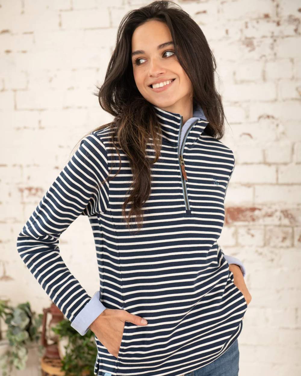 Midnight Stripe coloured Lighthouse Shore Jersey Top on wall background 