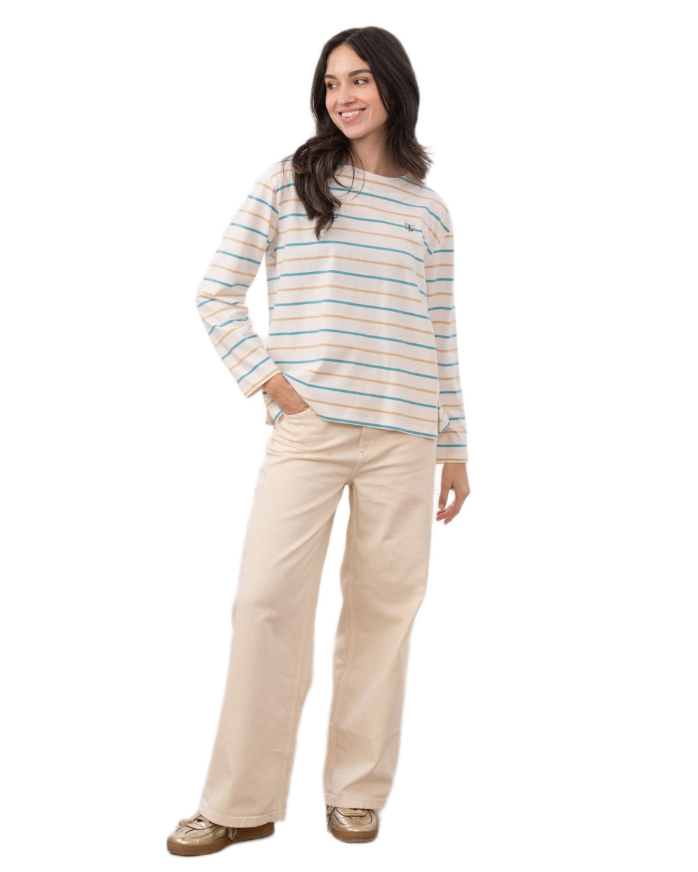 Blue Clay Stripe coloured Lighthouse Ladies Causeway II Top on white background 