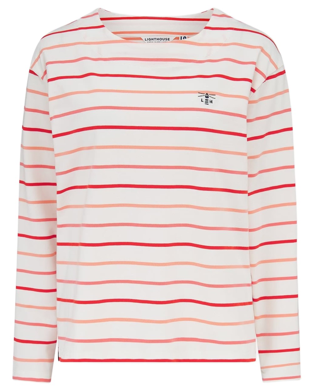 Coral Poppy Stripe coloured Lighthouse Ladies Causeway II Top on white background 