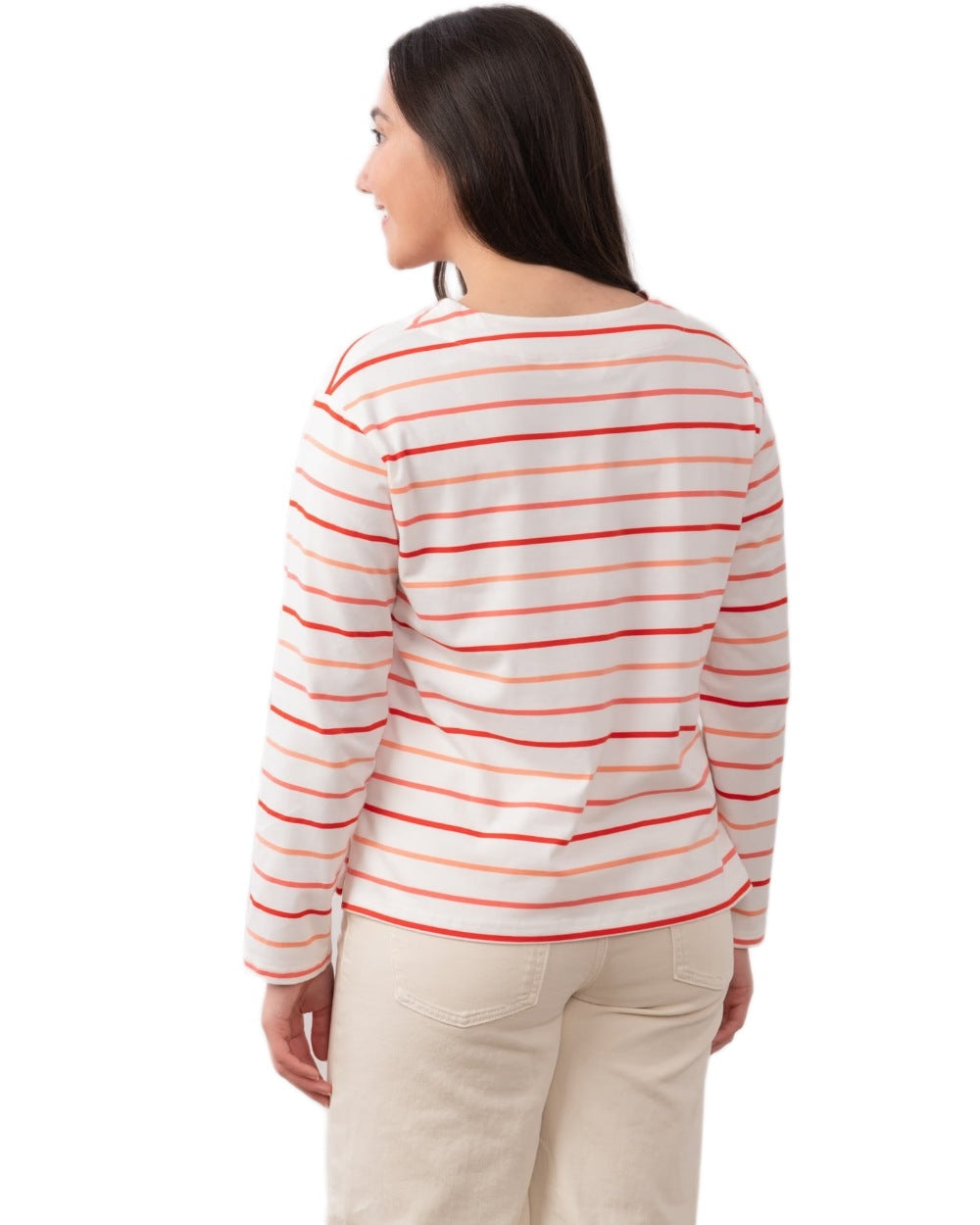 Coral Poppy Stripe coloured Lighthouse Ladies Causeway II Top on white background 