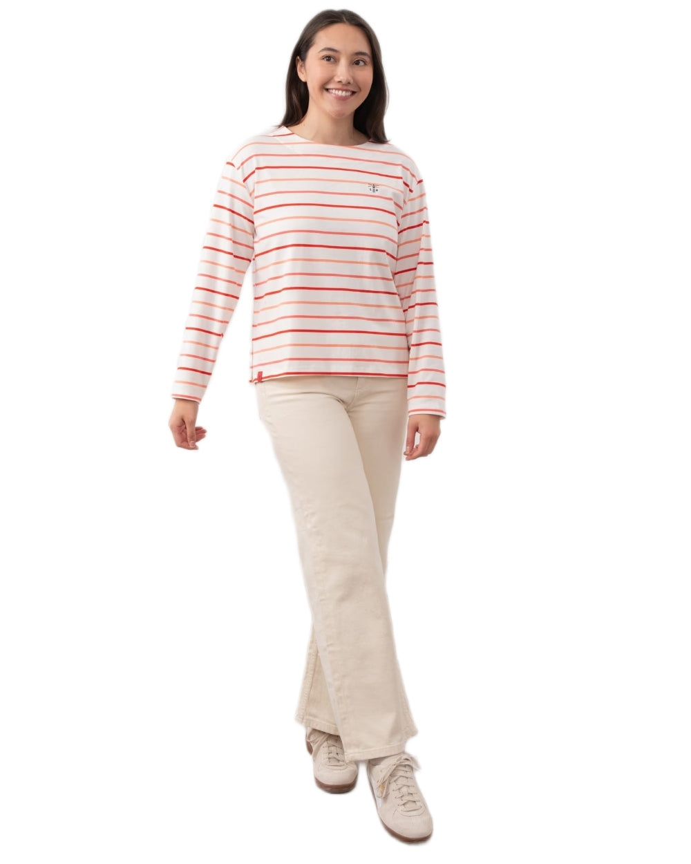 Coral Poppy Stripe coloured Lighthouse Ladies Causeway II Top on white background 