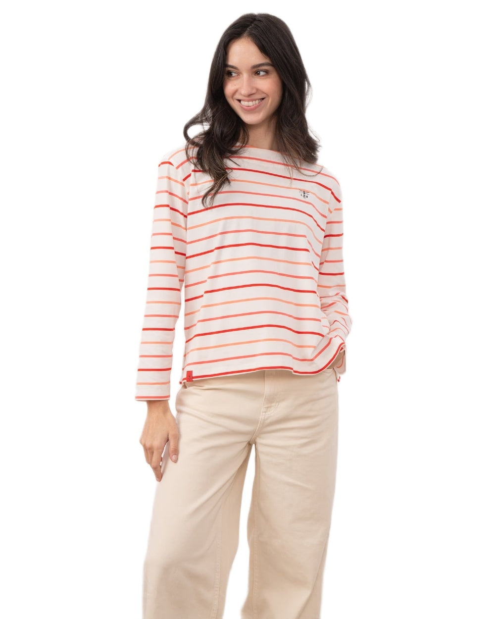 Coral Poppy Stripe coloured Lighthouse Ladies Causeway II Top on white background 