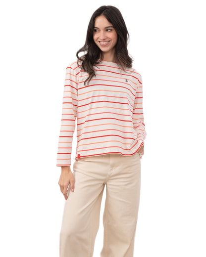 Coral Poppy Stripe coloured Lighthouse Ladies Causeway II Top on white background 