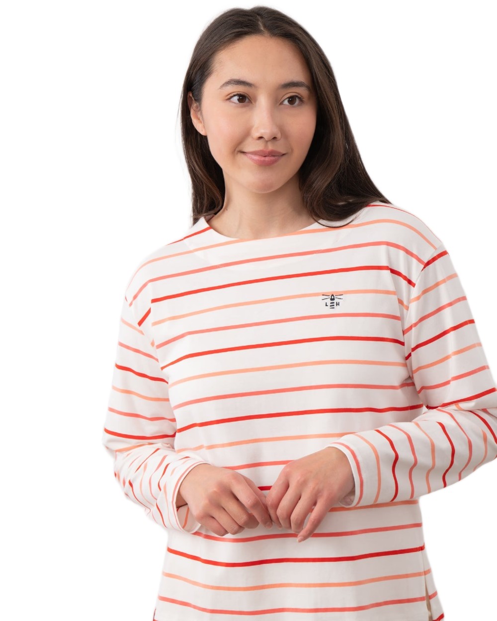 Coral Poppy Stripe coloured Lighthouse Ladies Causeway II Top on white background 