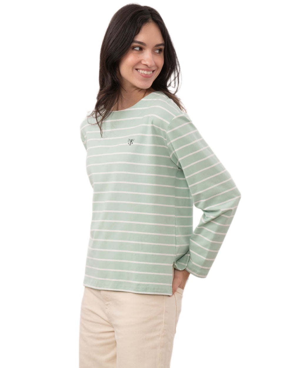 Soft Pistachio Stripe coloured Lighthouse Ladies Causeway II Top on white background 