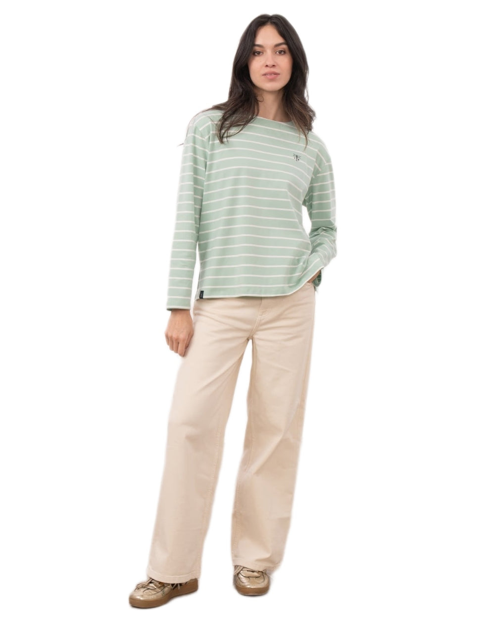 Soft Pistachio Stripe coloured Lighthouse Ladies Causeway II Top on white background 