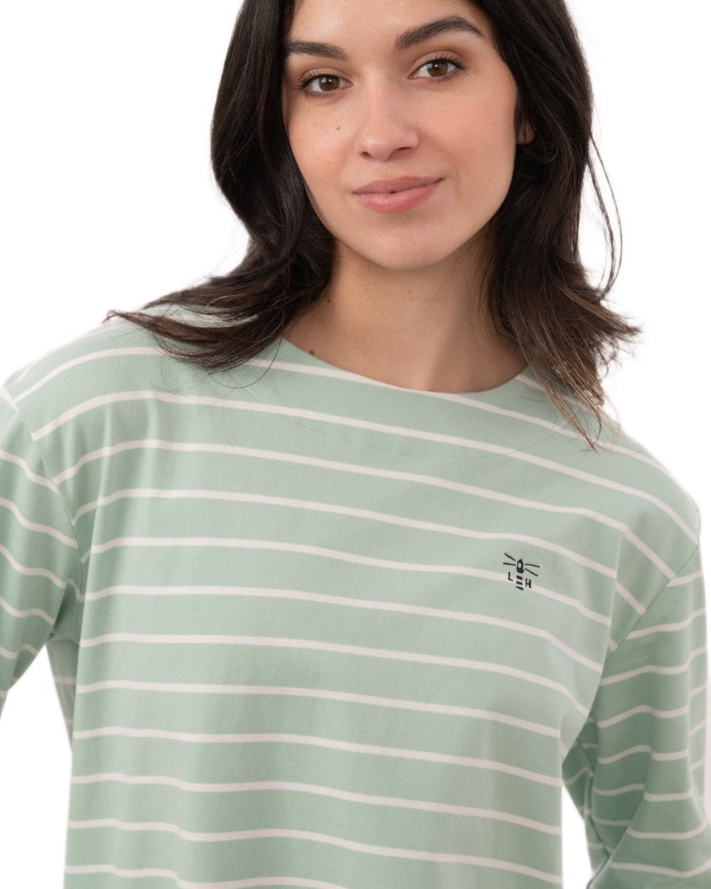 Soft Pistachio Stripe coloured Lighthouse Ladies Causeway II Top on white background 