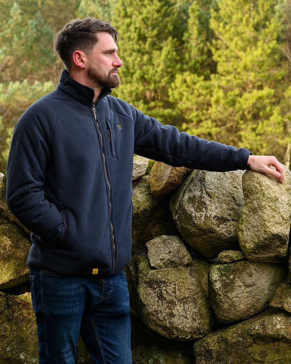 Navy coloured Lighthouse Mens Windsor Waterproof Fleece Jacket on mountain background 