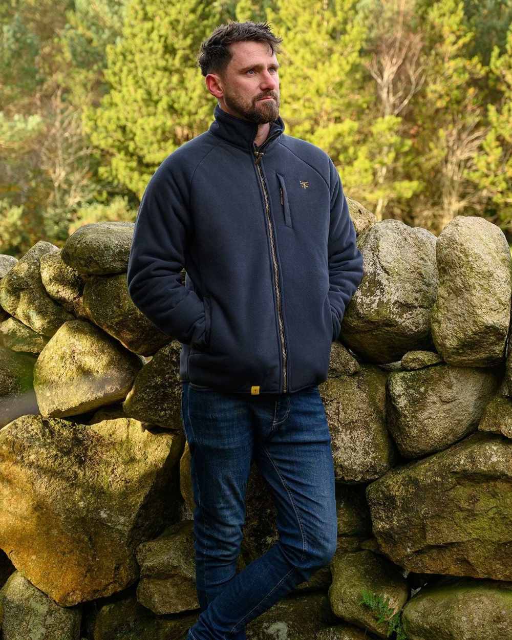 Navy coloured Lighthouse Mens Windsor Waterproof Fleece Jacket on mountain background 