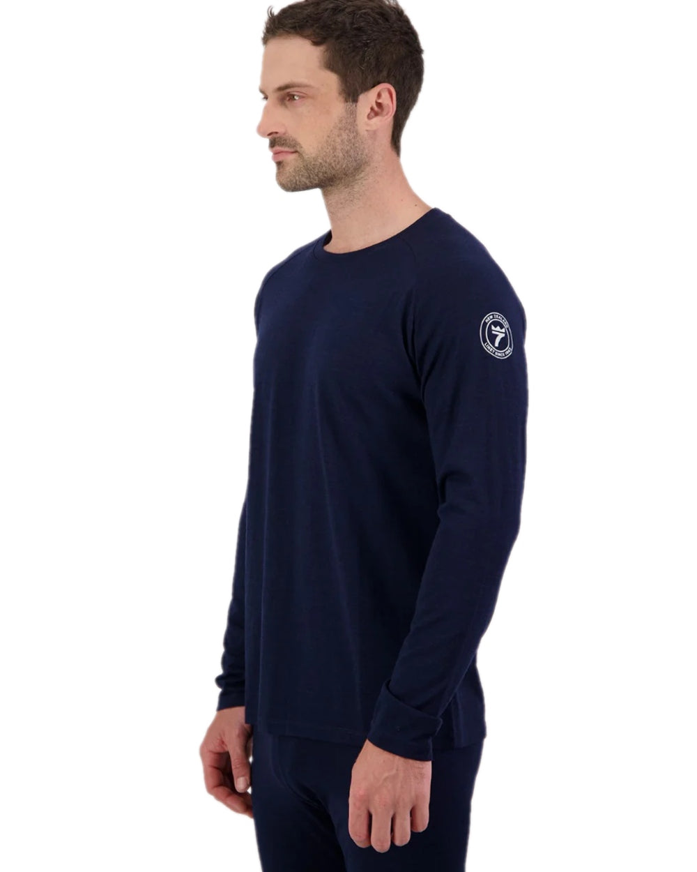 Midnight Silver Coloured Line 7 Mens Merino Long Sleeve Raglan T-Shirt Baselayer on white background 