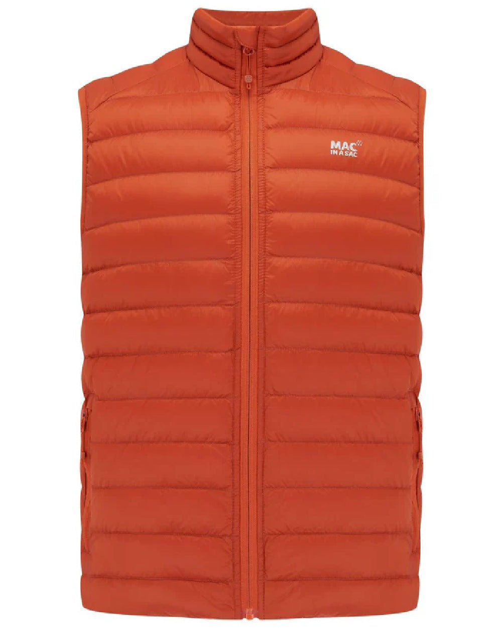 Burnt Orange coloured Mac In A Sac Mens Alpine Down Gilet on white background 