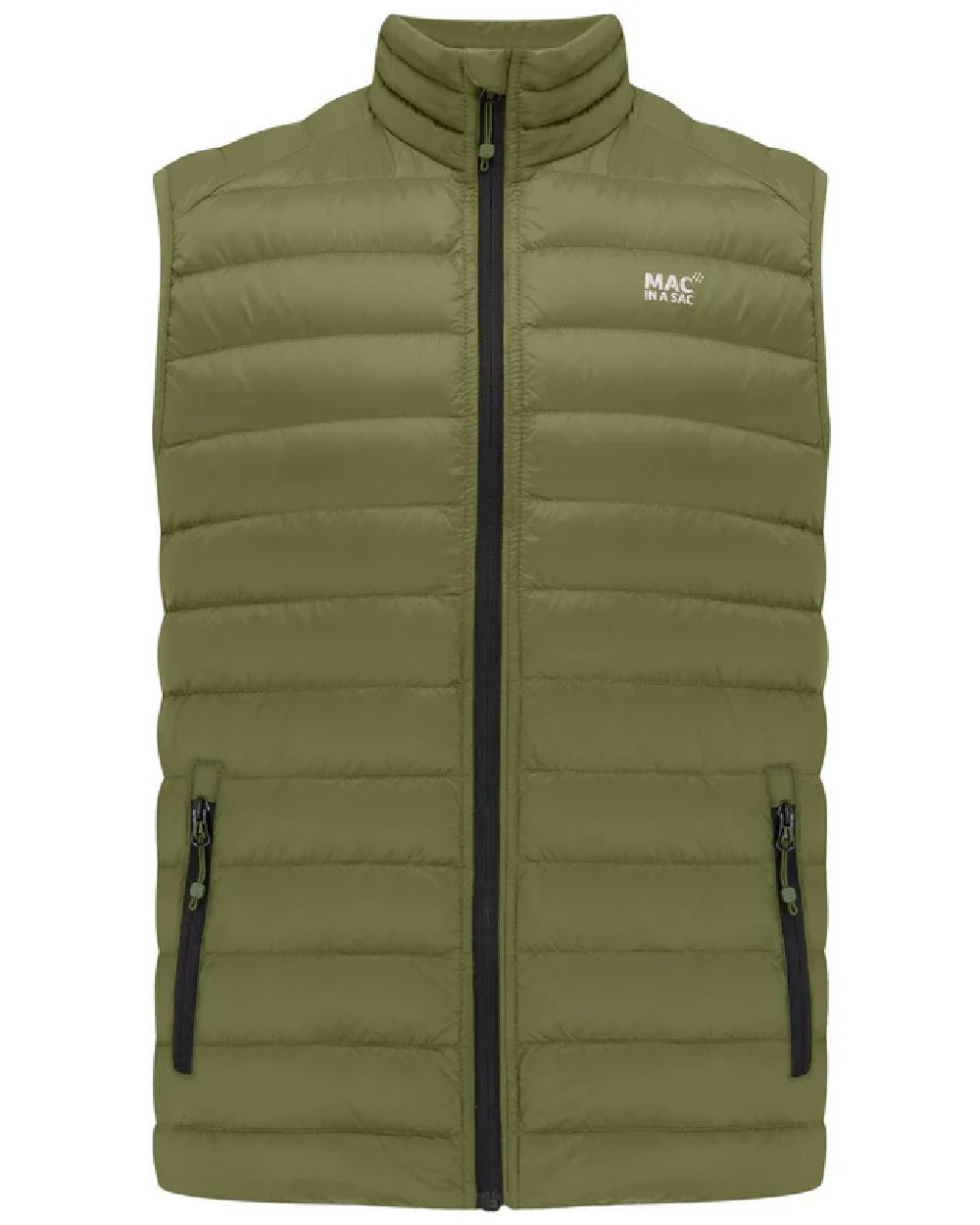 Khaki coloured Mac In A Sac Mens Alpine Down Gilet on white background 