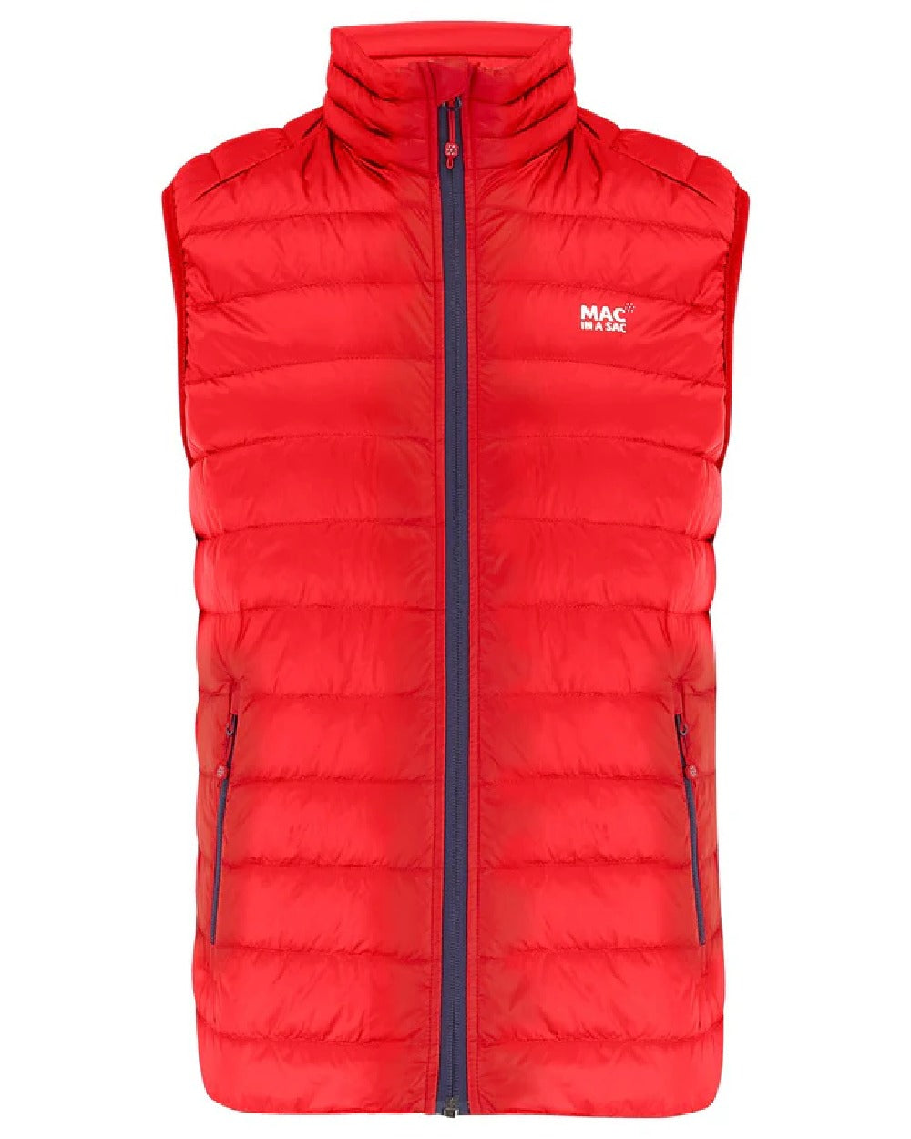 Red coloured Mac In A Sac Mens Alpine Down Gilet on white background 