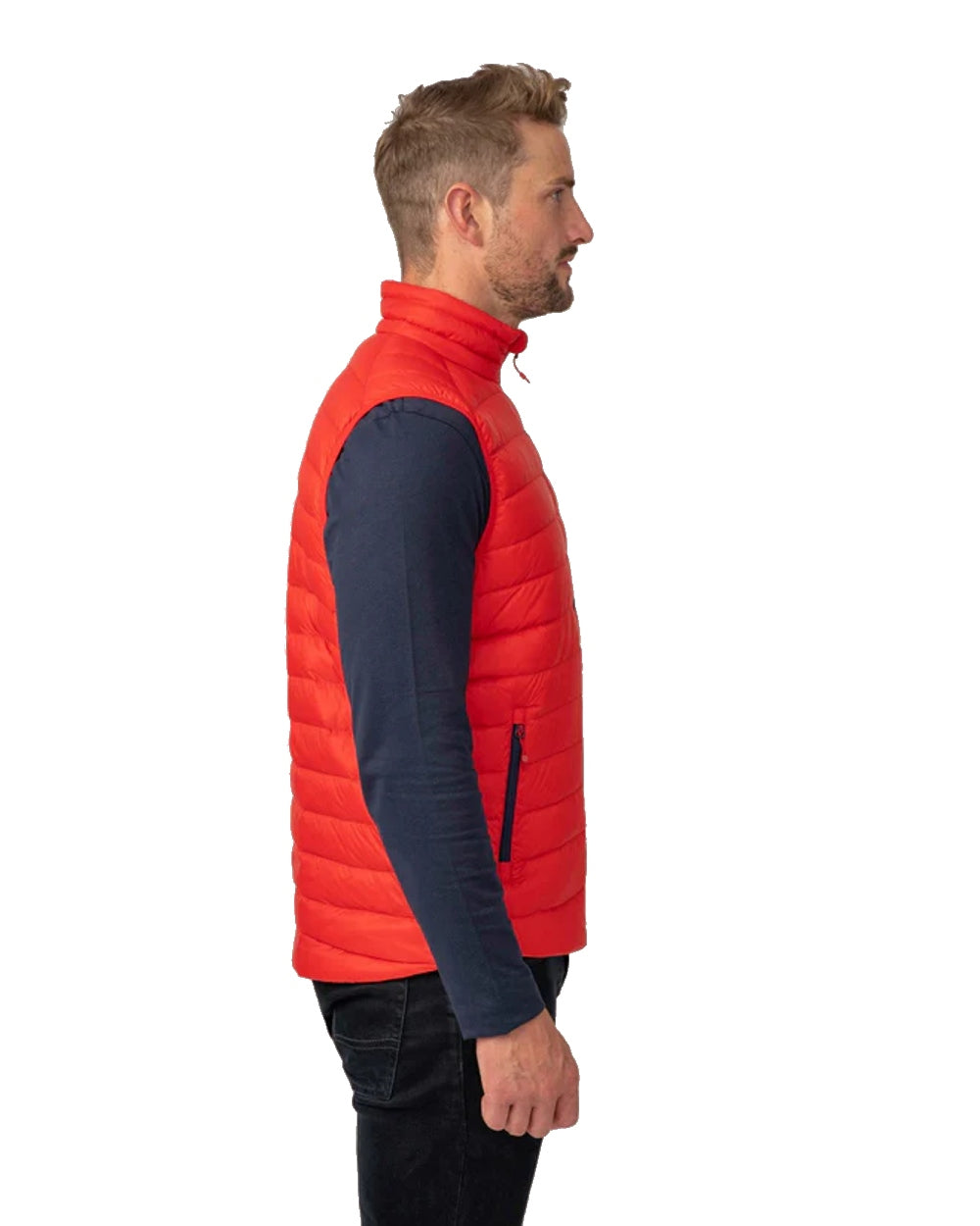 Red coloured Mac In A Sac Mens Alpine Down Gilet on white background 