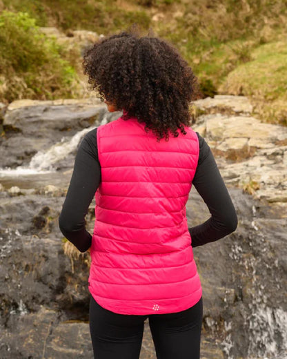Pink coloured Mac In A Sac Alpine Womens Down Gilet on blurry background 