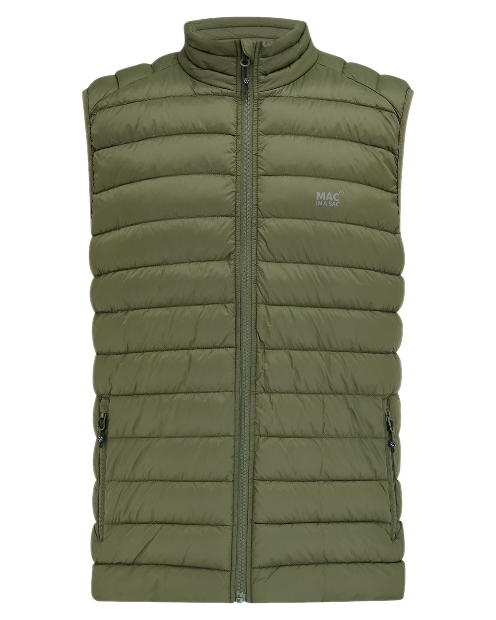Khaki Coloured Mac In A Sac Mens Synergy Gilet on white background 