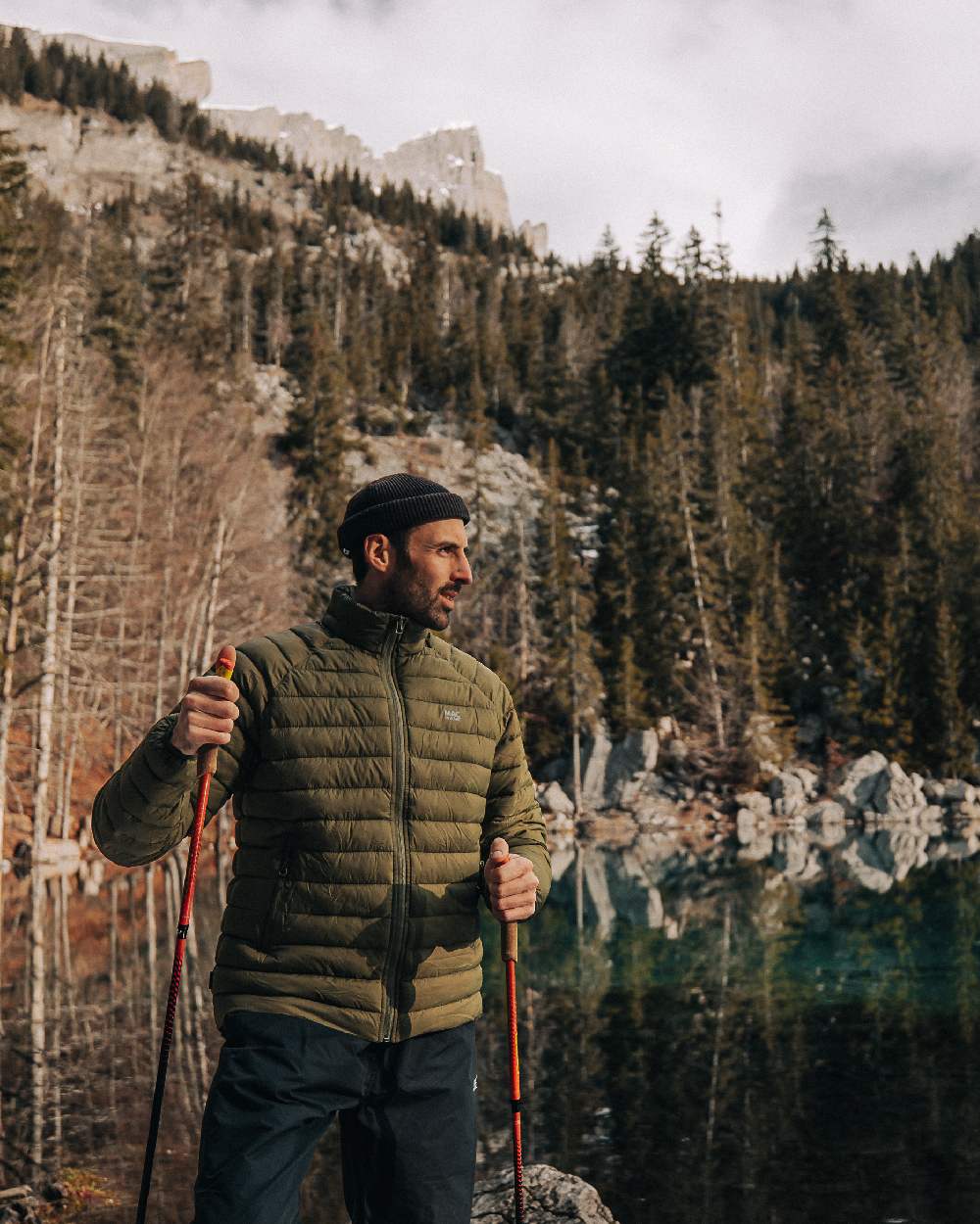 Khaki Coloured Mac In A Sac Mens Synergy Jacket on mountain background 