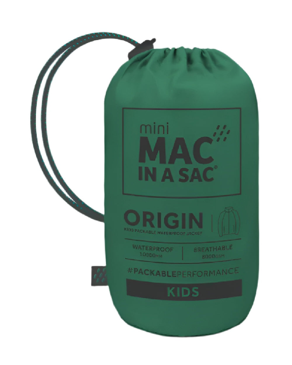 Bottle Green Coloured Mac In A Sac Mini Origin Packable Waterproof Jacket on white background 