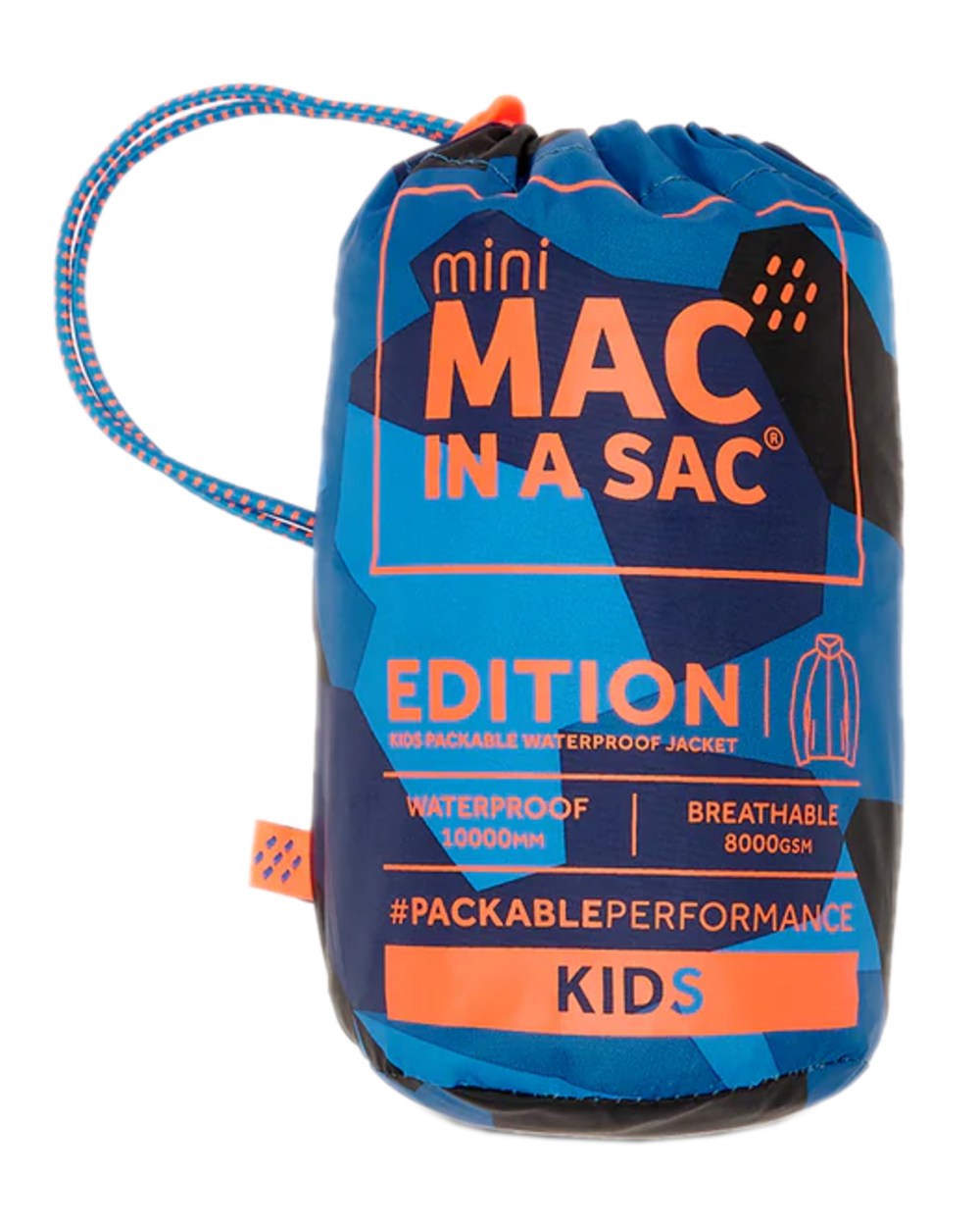 Blue Camo Coloured Mac In A Sac Mini Origin Packable Waterproof Jacket Camo on white background 