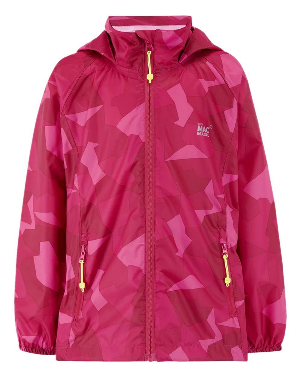 Pink Camo Coloured Mac In A Sac Mini Origin Packable Waterproof Jacket Camo on white background 