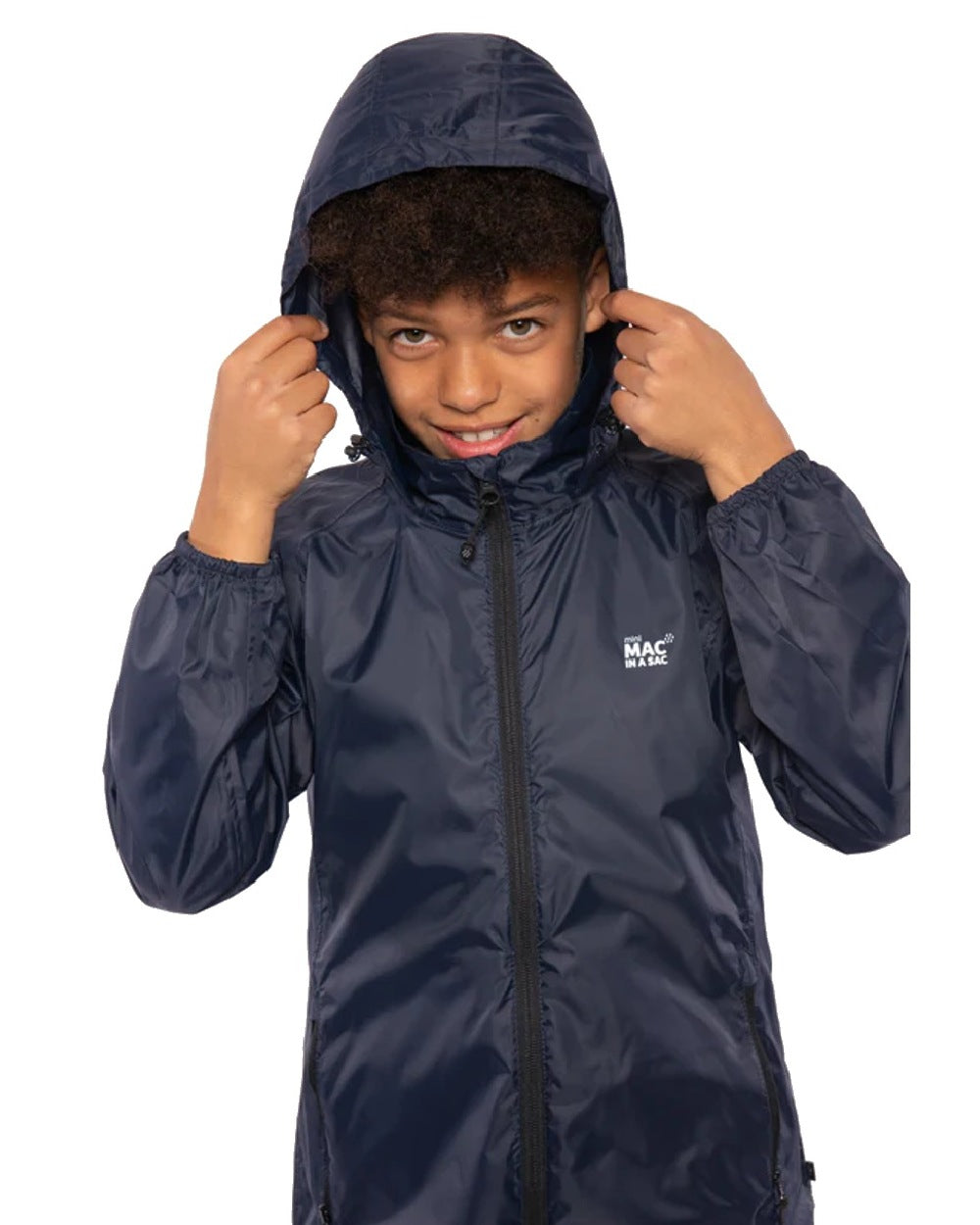 Navy Coloured Mac In A Sac Mini Origin Packable Waterproof Jacket on white background 