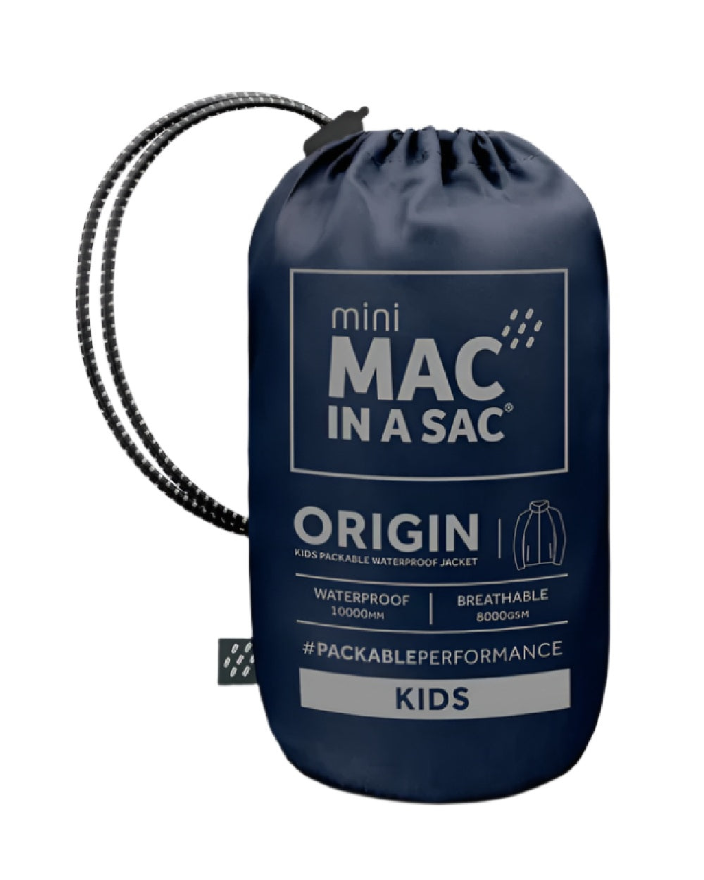 Navy Coloured Mac In A Sac Mini Origin Packable Waterproof Jacket on white background 