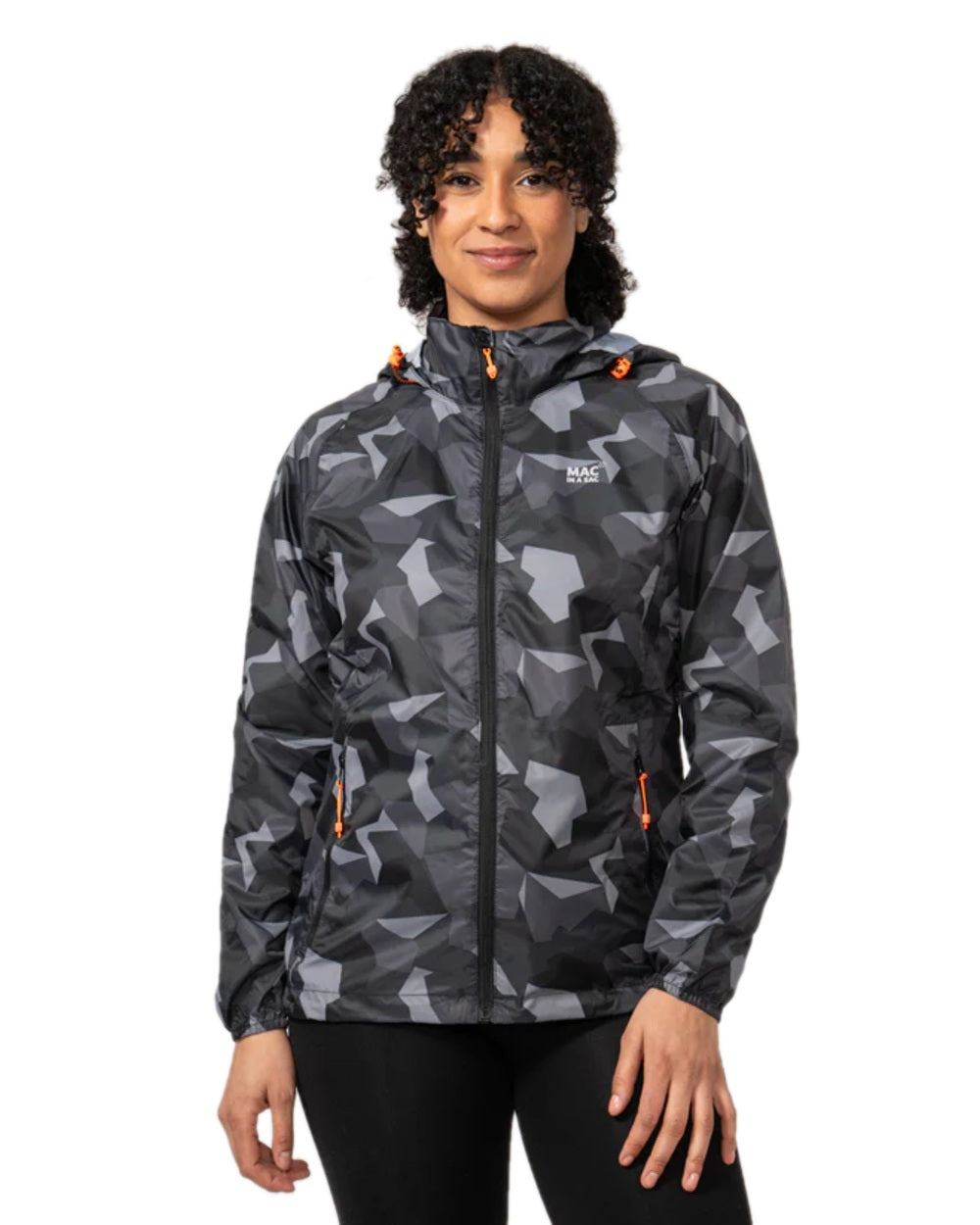 Black Camo Coloured Mac In A Sac Origin Camo Packable Waterproof Jacket on white background 