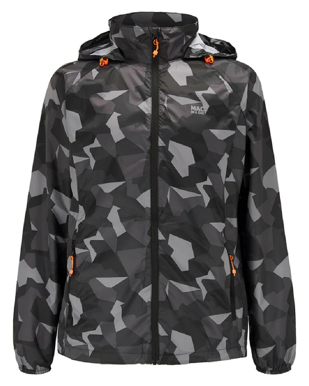 Black Camo Coloured Mac In A Sac Origin Camo Packable Waterproof Jacket on white background 