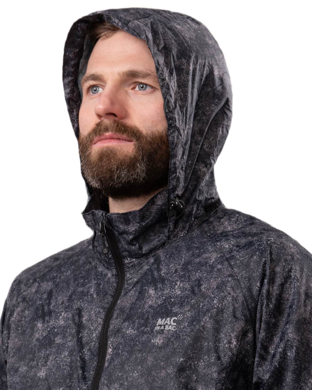Black Etch Coloured Mac In A Sac Origin Camo Packable Waterproof Jacket on white background 